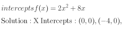The intercepts of f(x)=2x^2+8x is X Intercepts: (0,0),(-4,0),Y Intercepts: (0,0)
